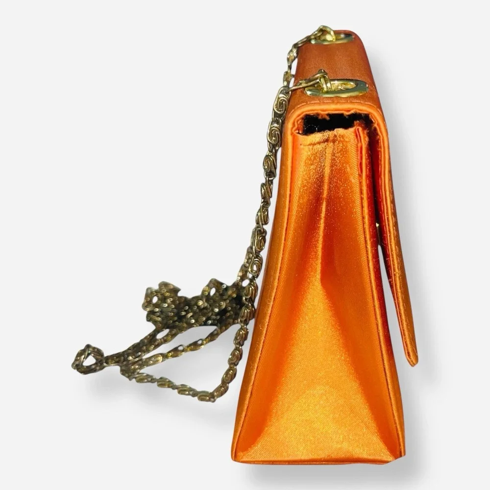Vintage Satin Clutch Evening Bag Silk Orange Gold Chain‎ Crossbody Clutch
